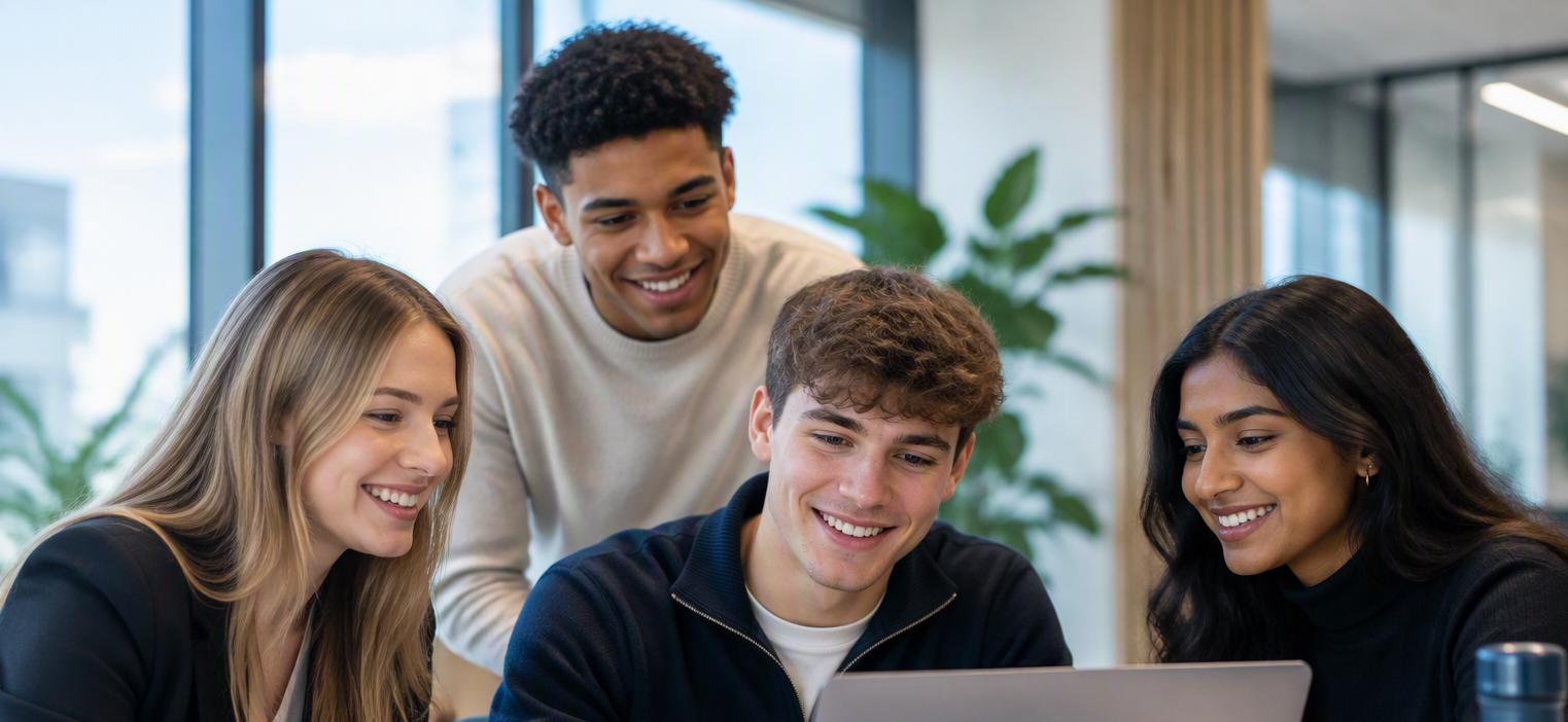 four young people checking something on a laptop, all smiling 