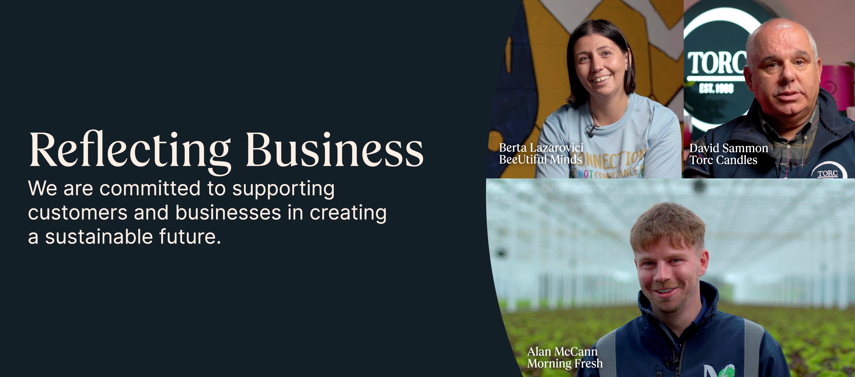 Banner with Reflecting Business quote and managers of BeeUtiful Minds, Torc Candles and Morning Fresh 