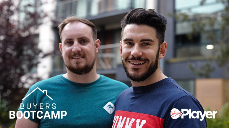 Sean and Mark standing in front of an appartment building , logos on image 'Buyers Bootcamp' and 'Virgin Media Player'