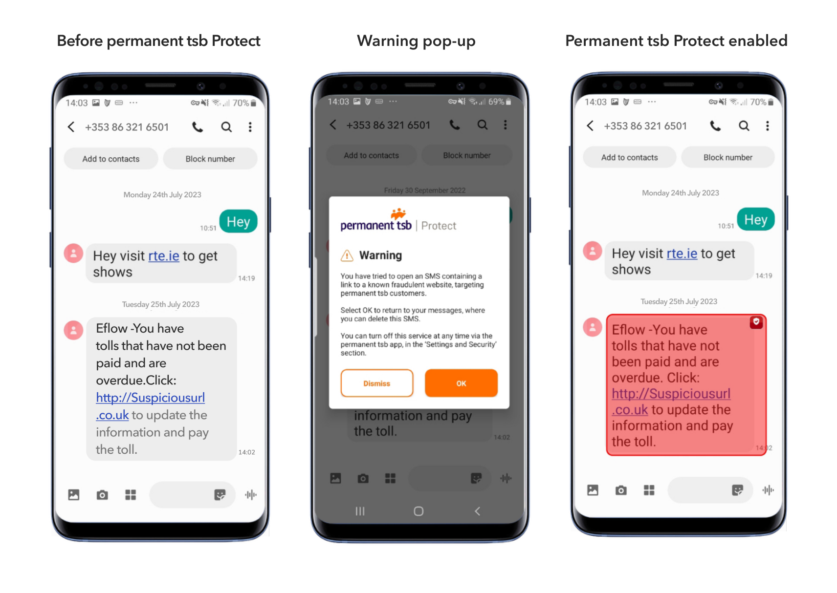 Three Android phone screens showing how to set up permanent tsb protect 